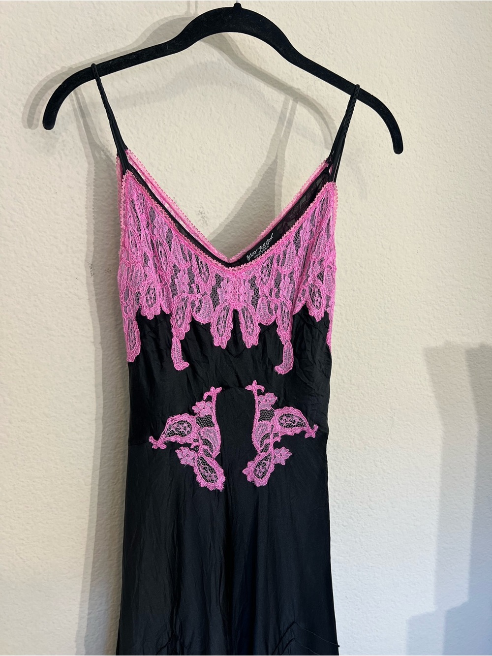 Vintage Betsey Johnson silk satin bias cut black pink lace midi dress coquette - Picture 4 of 14